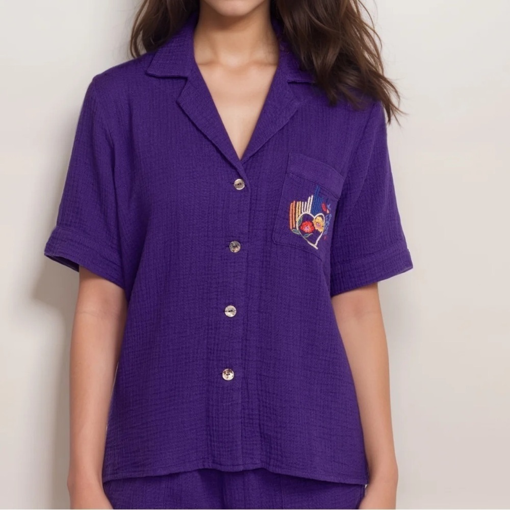 Johnny Was Biya Purple Shirt with Embroidery LOVE HEART shirt top cotton large